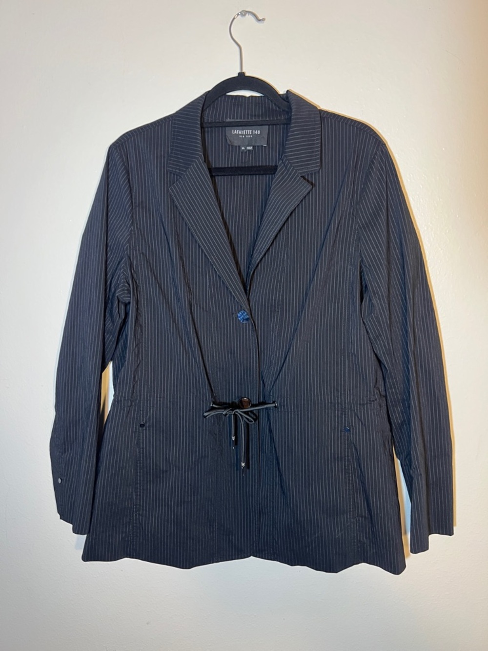 Lafayette 148 New York Black White Pinstripe Drawstring Blazer Single Button XL